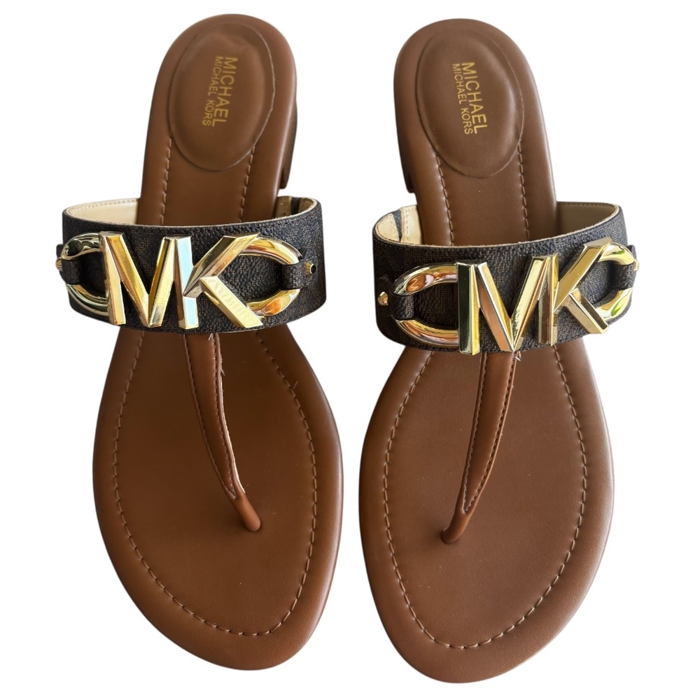 Michael Kors Sz 9 MK Izzy Logo Embellished Print Canvas Sandals